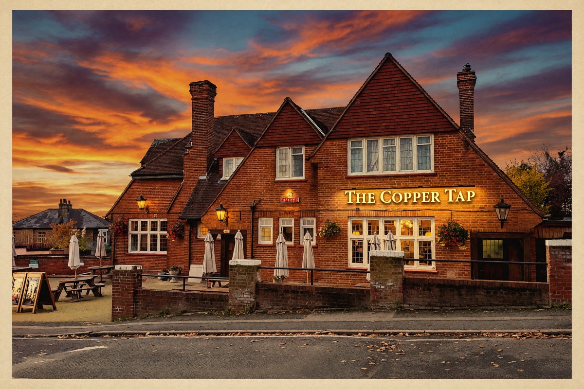 An illustrated postcard front of a brick pub at dusk