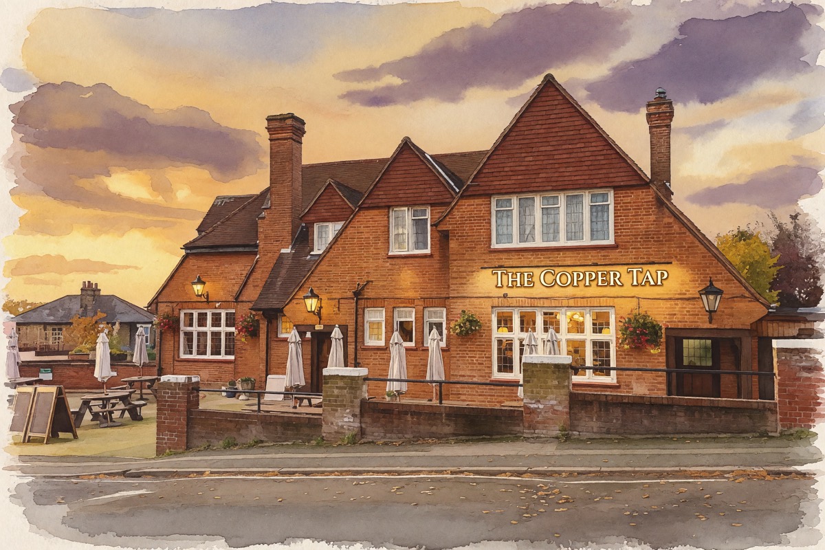 The same pub as a Watercolor postcard front