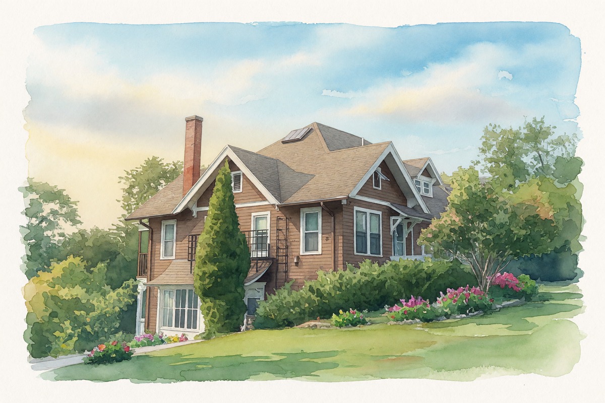 The same house painted as a watercolor postcard front