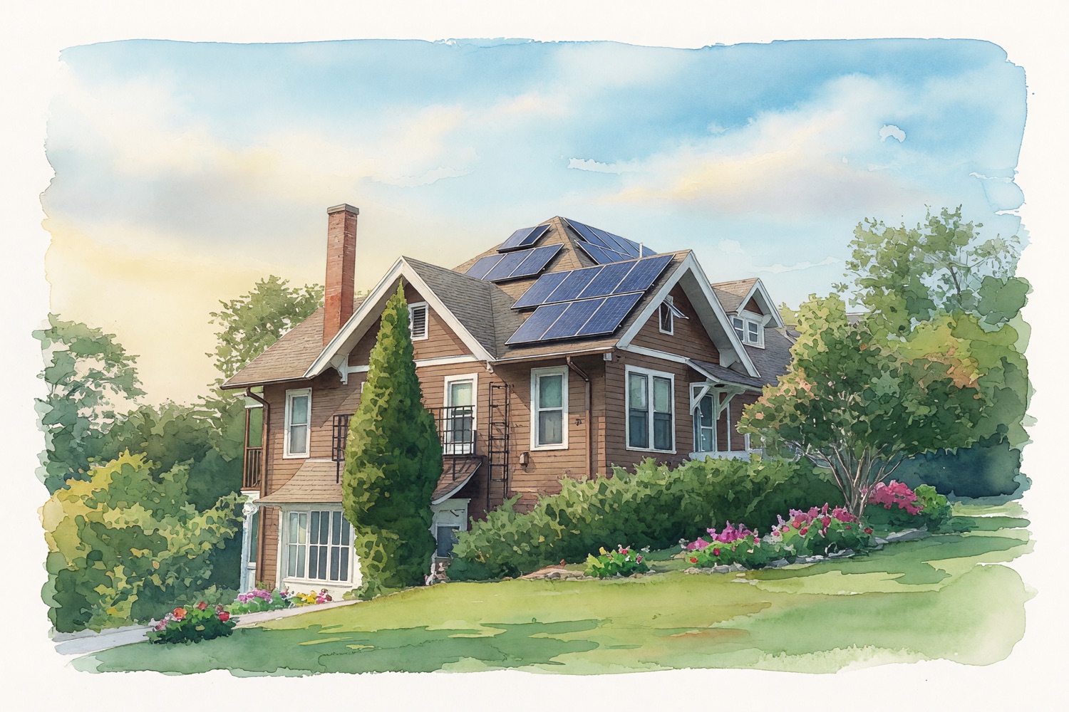 The same brick home with solar panels on the roof